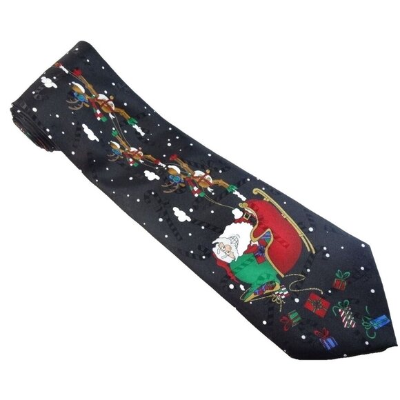Christmas Tie Santa Claus Reindeer Sleigh Holiday Xmas Mens Necktie - Picture 1 of 3